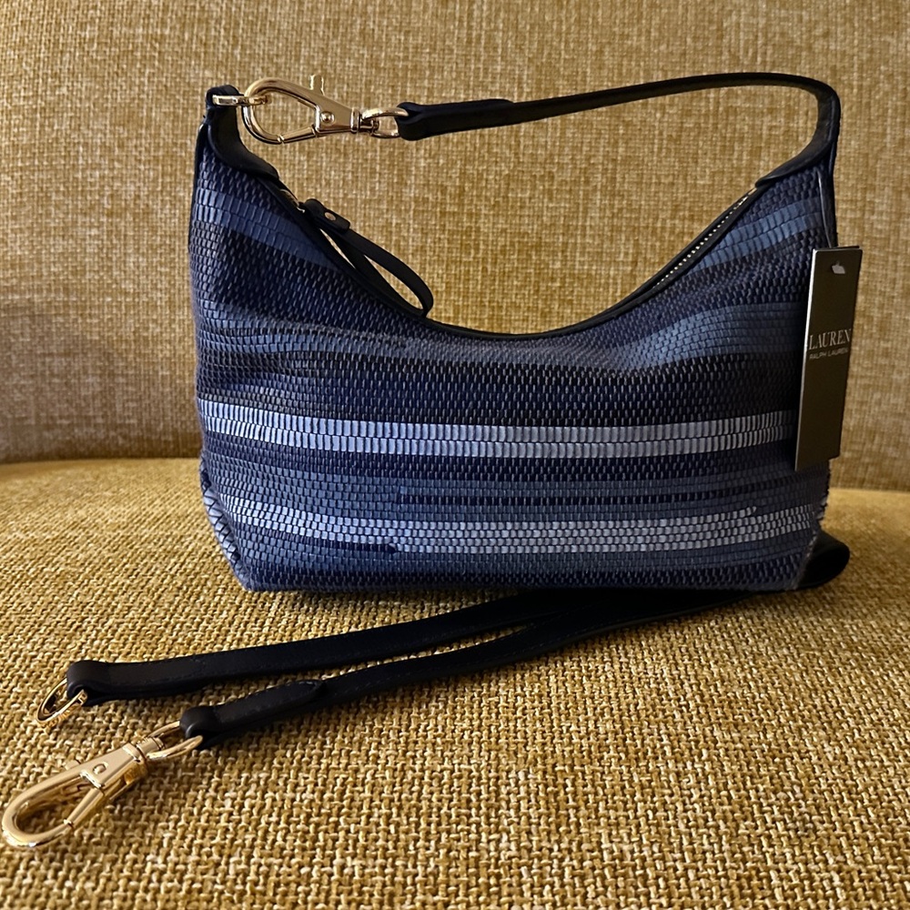 NWT ~ Lauren Ralph Lauren Small Kassie Shoulder Bag | Navy Blue Multi-Stripe